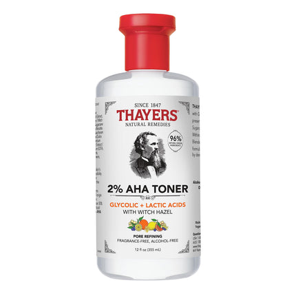 Thayers 2% AHA Exfoliating Toner with Glycolic Acid, Lactic Acid and Witch Hazel, Smoothing and Pore Refining Skin Care for All Skin Types, 12 Fl Oz