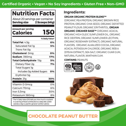 Orgain Organic Vegan Protein Powder, Chocolate Peanut Butter - 21g of Plant Based Protein, Low Net Carbs, Non Dairy, Gluten Free, Lactose Free, No Sugar Added, Soy Free, Kosher, Non-GMO, 2.03 Pound
