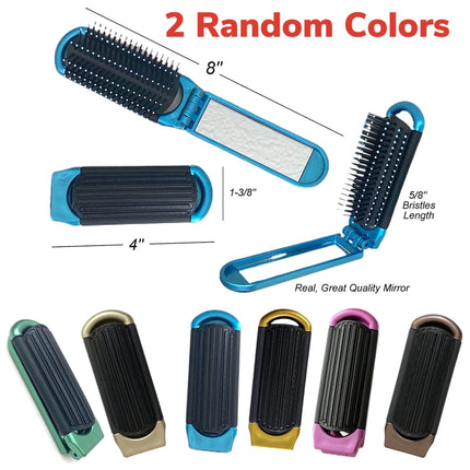2 ALAZCO Folding Hair Brush With Mirror Compact Pocket Size Travel Car Gym Bag Purse Locker (2 Assorted Colors)