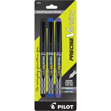 PILOT Precise Varsity Pre-Filled Fountain Pens, Medium Point Stainless Steel Nib, Black/Blue/Purple Inks, 3-Pack (90022)