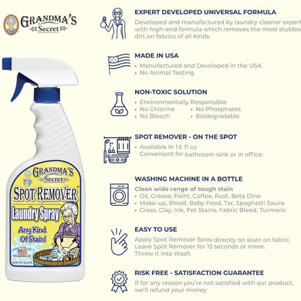 Grandma's Secret Spot Remover Laundry Spray - Chlorine, Bleach And Toxin-Free Stain Remover - Stain Remover For Clothes - Fabric Stain Remover Removes Oil, Paint, Blood And Pet Stains – 16 Ounce