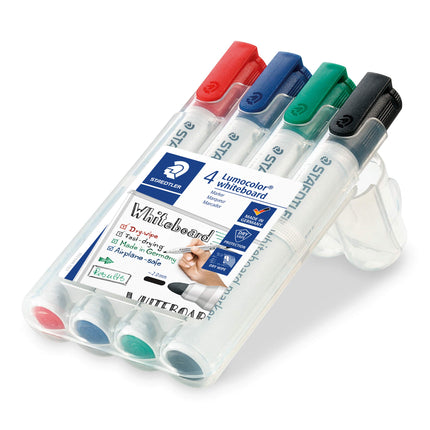 Buy Staedtler Lumocolor Whiteboard Marker, Wide Bullet Tip, Box of 4 Assorted Colors (Red, Blue, Green, Black), 351 WP4 in India India