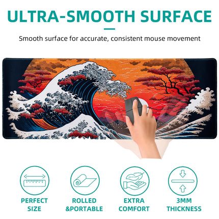 Hopipad Japanese Sea Waves Large Gaming Mouse Pad for Desk, Desk Mat with Seamed Edges, Waterproof Desk Pad, Non-Slip Rubber Base, 31.5x11.8 Inch Keyboard Pad Computer Mat, Big XL Mousepad