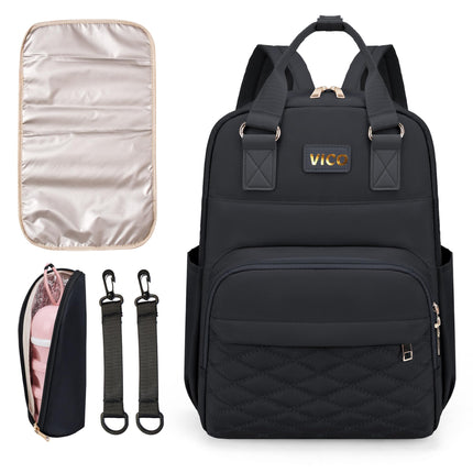 VICO Diaper Bag Backpack - Multifunction Travel Back Pack with Changing Pad, Insulated Case, Stroller Straps, Large Capacity, Waterproof, Stylish, Newborn Essentials Bag, Black