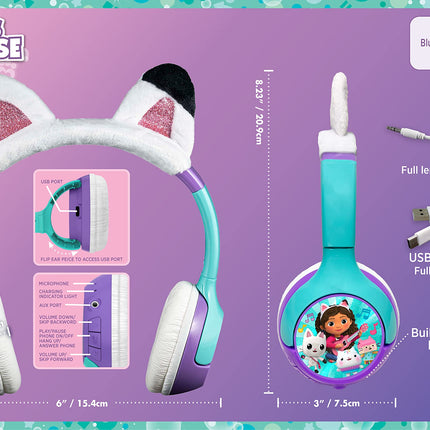 eKids Gabbys Dollhouse Kids Bluetooth Headphones, Wireless Headphones with Microphone includes Aux Cord, Volume Reduced Kids Foldable Headphones for School, Home, or Travel