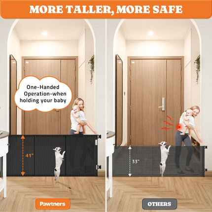 Pawtners Retractable Baby Gates Extra Wide, 41" Tall Extends up to 71" Wide, Dog Gate Indoor with Cat Door for Stairs, Pet Gate with Support Rods for Doorways Hallways Indoor & Outdoor-Black