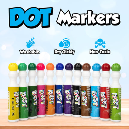 Playkidiz Darice Washable Dot Markers for Toddlers, 12 Colors (40ml 1.35oz) Paint Marker Dot Art Set, Water Based Non-Toxic Bingo Daubers for Kids