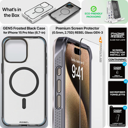 REBEL Clear Case for iPhone 15 Pro Max [Frosted Series Gen-5] Strong MagSafe Compatible, Grip Sides, Translucent Matte Texture, Protective Shockproof Bumpers, Metal Lens & Buttons, 6.7 Inch Phone 2023