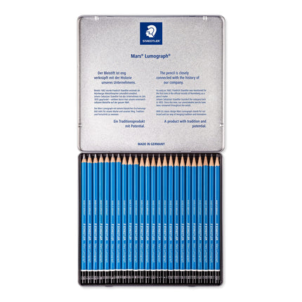 STAEDTLER Mars Lumograph Art Drawing Pencils, Graphite Pencils in Metal Case, Break-Resistant Bonded Lead, Grades 12B-10H, Set of 24