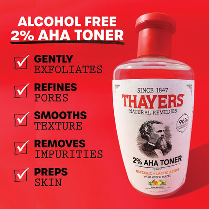 Thayers 2% AHA Exfoliating Toner with Glycolic Acid, Lactic Acid and Witch Hazel, Smoothing and Pore Refining Skin Care for All Skin Types, 12 Fl Oz