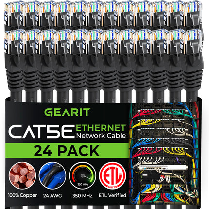 GEARIT 24-Pack, Cat5e Ethernet Patch Cable 3 Feet - Snagless RJ45 Computer LAN Network Cord, Black