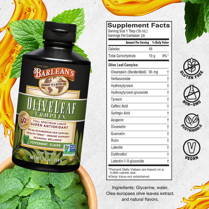 Buy Barlean's Peppermint Olive Leaf Complex Liquid Immune Support Supplement with 95mg Oleuropein in India.