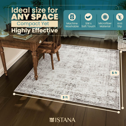 Istana Rugs 3x5 - Grey & Beige Area Rugs - Kid & Pet Friendly Washable Rugs 3x5 - Non Shedding 3x5 Area Rugs - Foldable 3 x 5 Area Rug Washable Non Slip - Eco-Friendly 3x5 Rugs with Rubber Backing