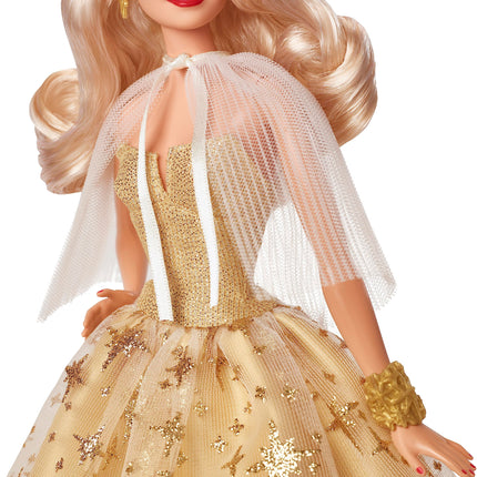 Barbie Signature Doll, 2023 Holiday Collectible with Golden Gown & Blonde Hair, Doll Stand & Displayable Packaging