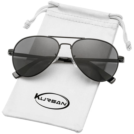 Kursan Polarized Aviator Sunglasses for Small Face Women Men, 100% UV400 Protection, 52MM (Black/Black Lens)