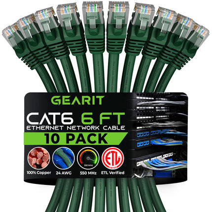GearIT Cat 6 Ethernet Cable 6 ft (10-Pack) - Cat6 Patch Cable, Cat 6 Patch Cable, Cat6 Cable, Cat 6 Cable, Cat6 Ethernet Cable, Network Cable, Internet Cable - Green 6 Feet