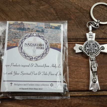 Saint Benedict Evil Protection Medal Metal Cross Keychain Faith Key Holder From Jerusalem Protective Benedictus Charm 3"