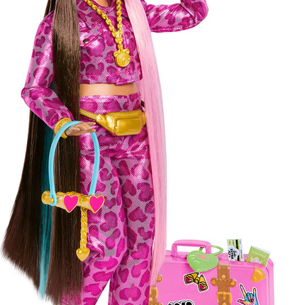 Barbie Extra Fly Travel Doll, Safari Look with Colorful Hair, Pink Camo Outfit, Golden Boots & Accessories