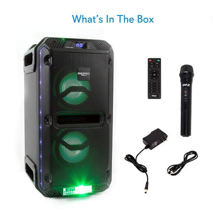 Pyle Portable 500W PA Speaker System - Outdoor Wireless Bluetooth Compatible Battery Powered Rechargeable Karaoke Sound Speaker Microphone Set w MP3 USB FM Radio AUX DJ LED Lights