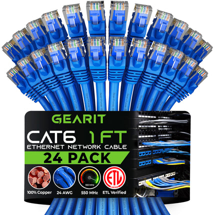 GearIT Cat 6 Ethernet Cable 1 ft (24-Pack) - Cat6 Patch Cable, Cat 6 Patch Cable, Cat 6 Cable, Cat6 Ethernet Cable, Network Cable, Internet Cable for Personal Computer - Blue 1 Foot