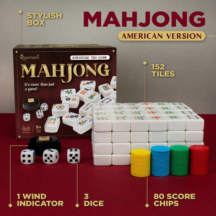 Queensell American Mahjong Set, 152 Tiles, 3 Dice, 80 Scoring Chips, 1 Wind Indicator - Mahjong Game Full Set