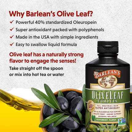 Buy Barlean's Peppermint Olive Leaf Complex Liquid Immune Support Supplement with 95mg Oleuropein in India.