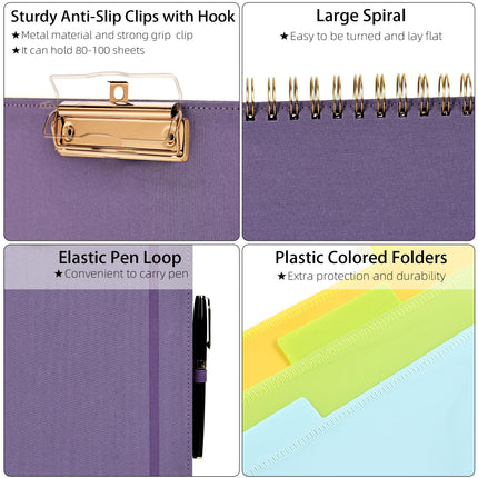 Ospelelf Foldable Spiral Clipboard Folio with Storage Zipper Pouch, 5 Plastic Folders with 10 Pockets,Refillable Lined Notepad (11" x 8.5"), Hardcover Project Organizer with 39 Stickers (Purple)