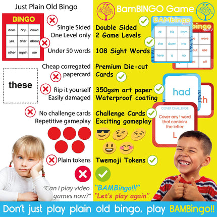 THE BAMBINO TREE Sight Word Bingo Game Level 1 and 2 - Learn to Read Vocabulary for Kindergarten 1st Grade - Dolch's Fry's Words Lists