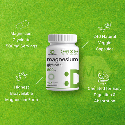 Magnesium Glycinate 500mg, 240 Veggie Capsules | Chelated for Easy Absorption | Highly Purified Essential Trace Mineral for Muscle, Joint, Heart, & Digestive Health