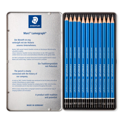 STAEDTLER Mars Lumograph Art Drawing Pencils, 12 Pack Graphite Pencils in Metal Case, Break-Resistant Bonded Lead, 100 G12,Silver/Blue