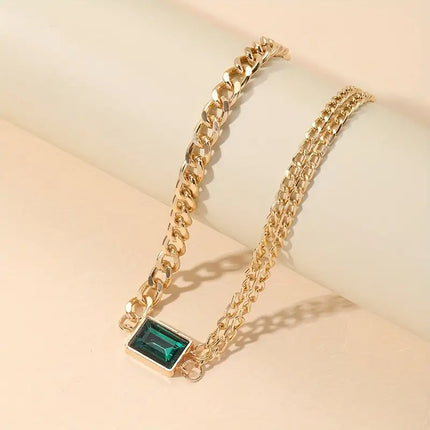 Maxbell  Green Square Crystal Pendant: A Retro Statement Necklace with Exaggerated Thick Chain