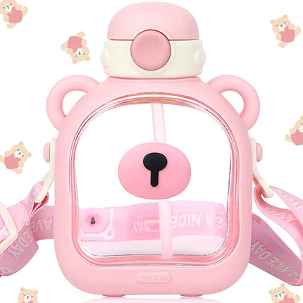 Bear Water Bottle Cute Flat Square Water Bottle with Straw and Strap Cartoon Drinking Bottle Leakproof for Kids (Pink)