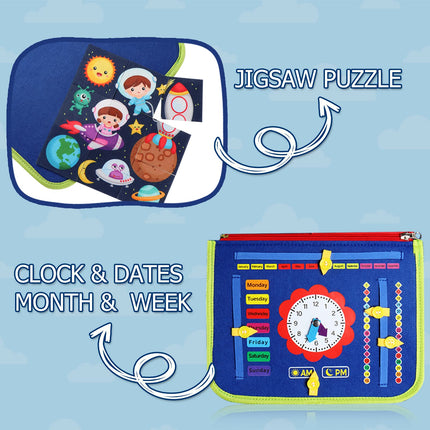 Busy Board for Toddlers: Educational Toy for Preschool and Sensory Learning for Fine Motor Skills- jigsaw puzzle, Clock month dates and week 