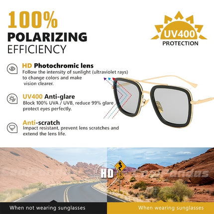 Square Polarized Tony Stark Sunglasses- -Polarized Sunglasses-Day Night Sunglasses-Photochromic Lens- UV protection Sunglasses