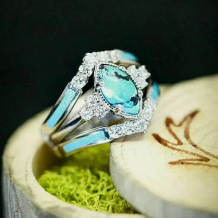 Maxbell European and American Fashion Retro Diamond-Set Blue Turquoise Three-Piece Ring: Elevate Your Style with Timeless Elegance