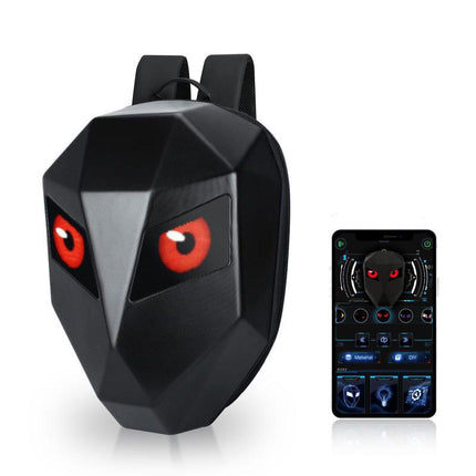 smart led rider backpack with phone next to it