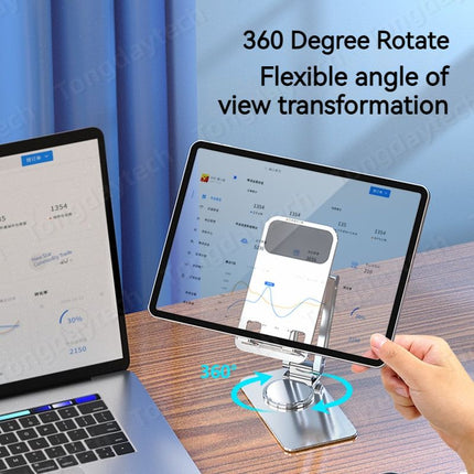 Foldable Phone and Tablet Stand Holder with 360° dual axis rotation, adjustable height and flexible angle viewing 