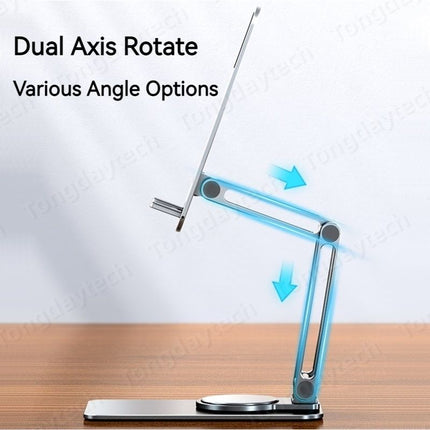 Foldable Phone and Tablet Stand Holder with 360° dual axis rotation, adjustable height 