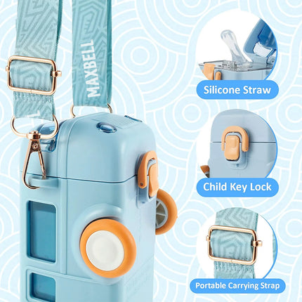 bus shaped water bottle with Silicone Straw, Portable and removeable strap with key lock