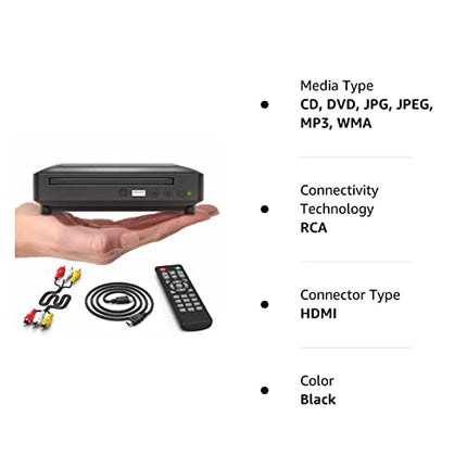 Ceihoit DVD Player HDMI for TV 1080P, Mini HD CD DVD Players for Home, HDMI and RCA Cable Included, USB 2.0, All Region Free, Breakpoint Memory, Built-in PAL/NTSC in India