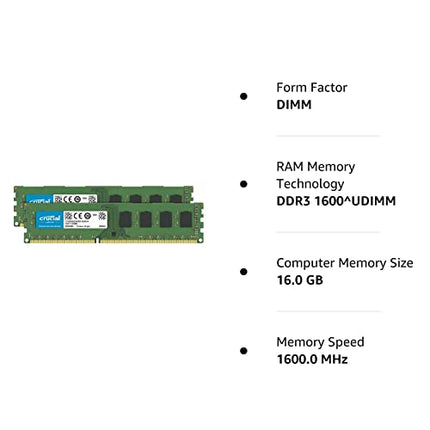 Crucial RAM 16GB Kit (2x8GB) DDR3 1600 MHz CL11 Desktop Memory CT2K102464BD160B in India