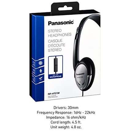 Panasonic Headphones, On-Ear Lightweight Earphones with Microphone and XBS for Extra Bass and Clear, Natural Sound, 3.5mm Jack for Phones and Laptops, Work from Home - RP-HT21M (Black & Silver)