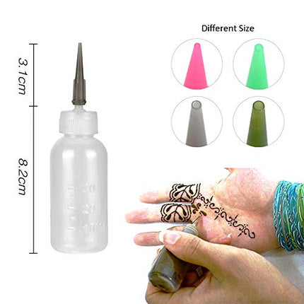 Xmasir Jagua Henna Applicator Bottles Kit for Tattoo Body Paint,Multi Purpose Precision Applicator Set 4 Pcs 1 Oz. Henna Bottle with 4 Pcs Caps 16 Pcs Needle Tips Sizes