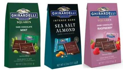 Ghirardelli Dark Chocolate Squares 3 Flavor Variety Bundle, 1 each: Mint, Sea Salt Soiree, and Raspberry, (4.12-5.32 Ounces)