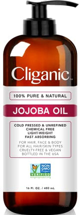 Cliganic Jojoba Oil Non-GMO, Bulk 16oz | 100% Pure, Natural Cold Pressed Unrefined Hexane Free Oil for Hair & Face in India