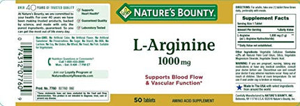 Nature's Bounty L-Arginine 1000 mg -Blood FLow and Vascular Function Tablets 