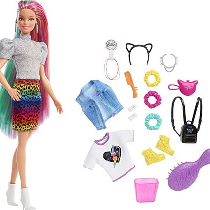 Barbie Leopard Rainbow Hair Doll (Blonde) with Color-Change Hair Feature, 16 Hair & Fashion Play Accessories Including Scrunchies, Brush, Fashion Tops, Cat Ears, Cat Purse & More in India