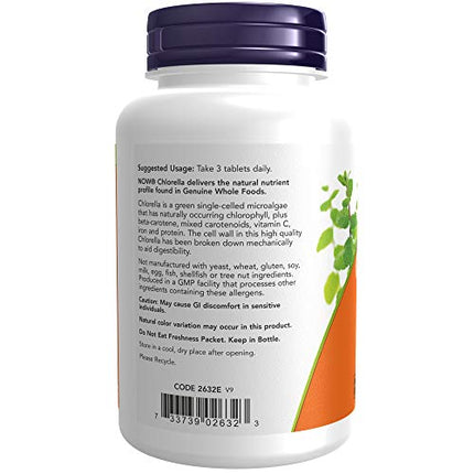 NOW Supplements, Chlorella 1000 mg with naturally occurring Chlorophyll, Beta-Carotene, mixed Carotenoids, Vitamin C, Iron and Protein, 120 Tablets