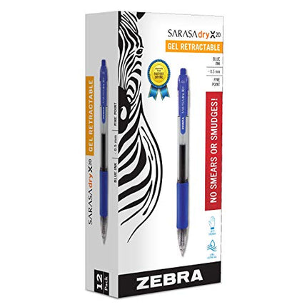 Zebra Pen Sarasa Dry X20 Retractable Gel Pen, Fine Point, 0.5mm, Blue Ink, 12-Pack