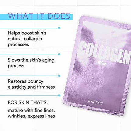 LAPCOS Collagen Sheet Mask, Firming Daily Face Mask with Collagen Peptides for Wrinkles & Dark Spots, Korean Beauty Favorite, 5-Pack